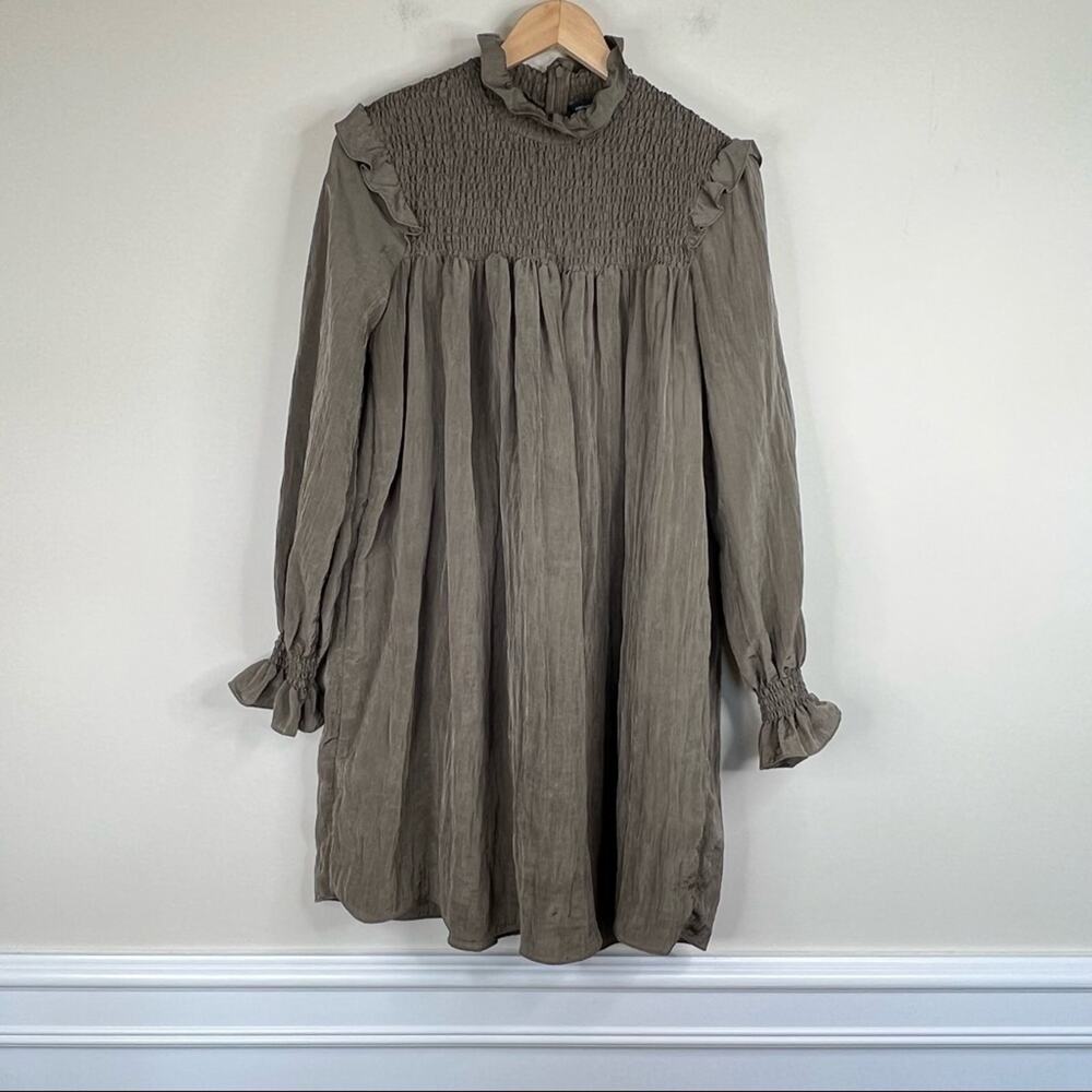 French Connection brown smocked high neck long blouson sleeve mini dress M - Picture 8 of 8
